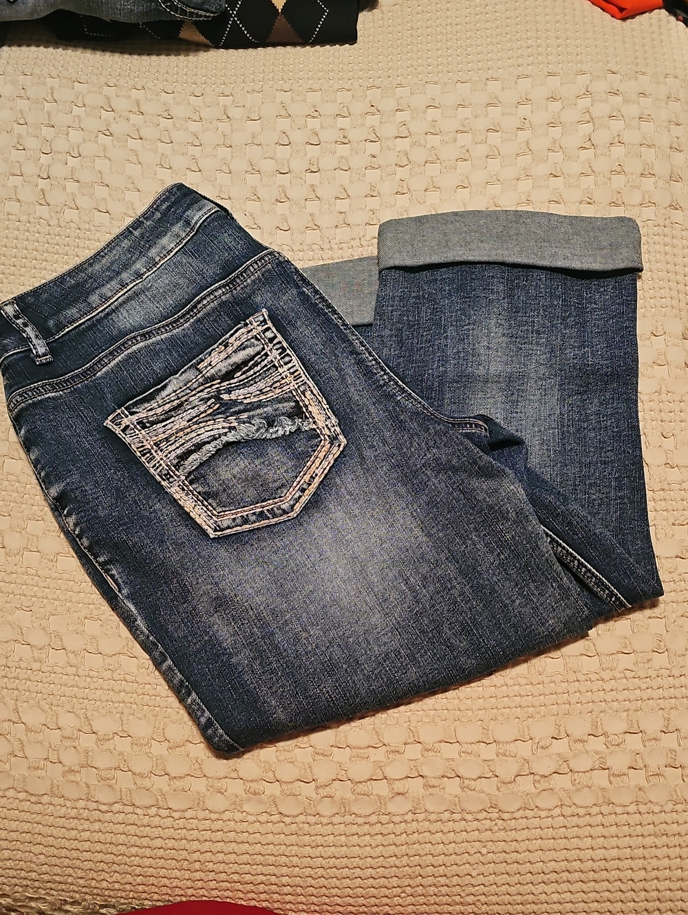 Maurices Dark Blue Cropped Women's Jeans with Distressed Back Pocket